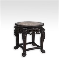 Carved Oriental Teak and Marble Stand