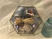 Hexagonal etched mirrored shadow box & contents