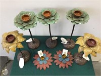 5 Metal Flower Candle  Stands and 2 Rustic Metal
