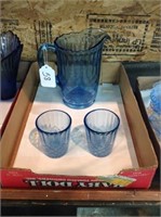 Blue Water Pitcher with 2 Drink Glasses