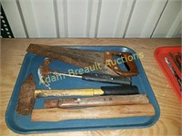 Tray of hammers, handles, saw