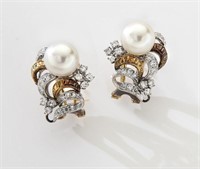Pair Gumps 14K gold, cultured pearl and diamond
