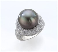 Platinum, Tahitian pearl and diamond ring