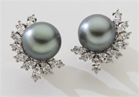 Pair 18K gold, diamond and pearl earrings