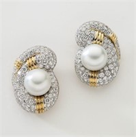 Pair 18K, plat., diamond and Akoya pearl earrings
