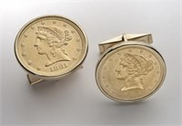 Pair 22K Liberty $5.00 gold coin cufflinks,