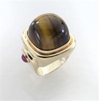 14K gold, tigers eye and ruby ring