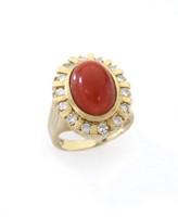 18K gold, oxblood coral and diamond ring