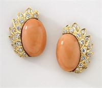 Pair 18K gold, diamond and coral earrings,