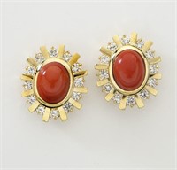 Pair 18K gold, oxblood coral and diamond earrings