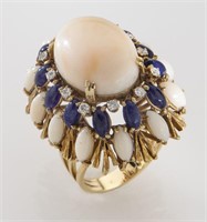 18K gold, diamond, angel skin coral and lapis ring