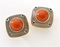 Pair 14K gold, oxblood coral and emerald earrings,