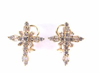 14K Yellow Gold Diamond Cross Earrings, 1CTW