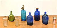 Group Seven Colored & Clear Glass Flasks & Bottles