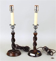 Pair Small Oak Barley Twist Candlesticks/Lamps