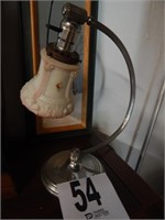 METAL LAMP WITH VINTAGE PORCELAIN SHADE (CHIP ON