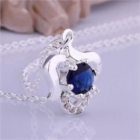 925 Solid SS Jewelry Blue Crystal Heart Necklace