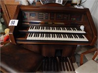 LOWREY ORGAN WITH ROLL-TOP AND BENCH 44"X29"X45"