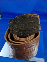 Ford Model A Leather Stamped Belt and Belt Buckle