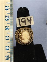10K gold ladies ring with an intricate engraving w