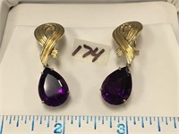 Pair of 14K gold ladies amethyst dangle earrings,