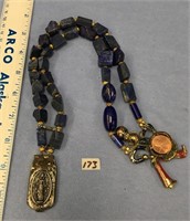 17" chunk lapis bead necklace with antique Miracul