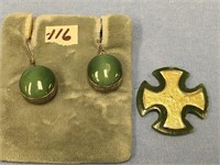 A pair of green moonstone earrings set in sterling