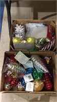 Two boxes of Christmas ornaments and decorations