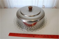 Vintage Glass Cake Plate with Aluminum Cover