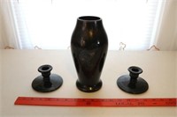 CZECHOSLOVAKIA Black Vase and Candle Holders