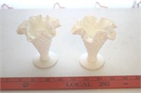 A Pair of Small Hobnail Milk Glass Ruffled Vases