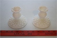 A Pair of Hobnail Milk Glass Candle Stick Holders