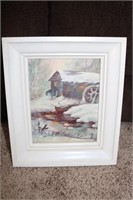 Snow, Barn & Water Wheel Framed Oil on Canvas