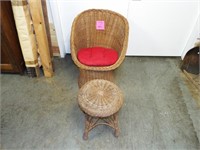Wicker Chair and Footstool with Red Cushion