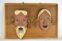 Antique Korean Pottery Masks on Wall Plaque