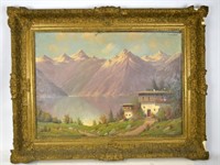 Oil Painting with House Mountain and Lake
