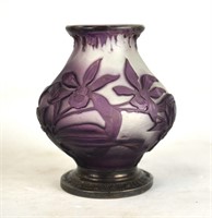 Bergen& Shrener Silver Mount Purple Art Glass Vase