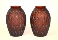 Lalique. Pr Red Art Glass Vases
