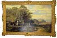 English Oil Painting on Canvas with Lady and Dog
