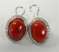 Pr 18K White Gold Earrings with Coral & Diamonds