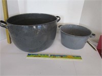2 primitive enamel pots - 1 large, 1 small - no