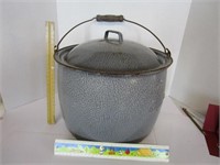 Primitive enamel wooden handle large stew pot