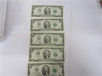 5 consecutive  2.00 Dollar Bills Crisp