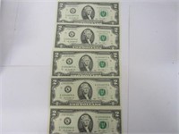 5 consecutive  2.00 Dollar Bills Crisp