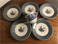 Currier & Ives steamboat saucers & Blue willow Cup