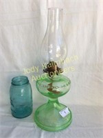Green depression glass antique oil lamp