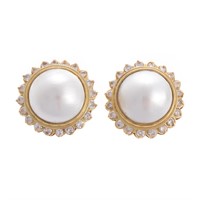 A Lady's Pair of Diamond and Mabe Pearl Ear Clips
