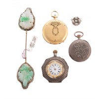 A Trio of Pocket Watches & Carved Jade