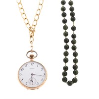 A Gold Howard Pocket Watch & Chain with Beads