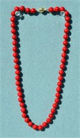 14K 8mm Red Sea Coral Gems Round Bead Necklace 18'